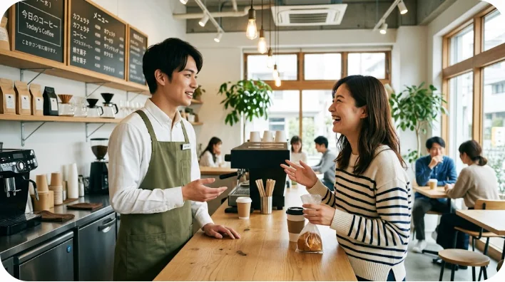 東アジア人の店員と客がモダンなカフェで身振り手振りを交えて笑顔で会話している