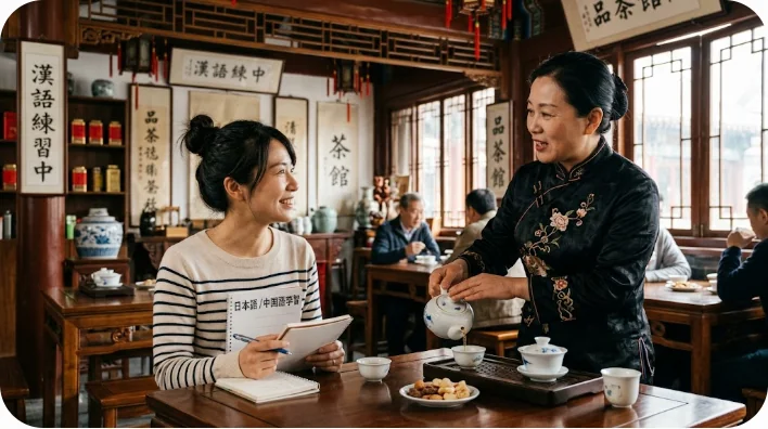 木の机の上に広げられた古代中国の竹簡と筆、歴史的学習の様子