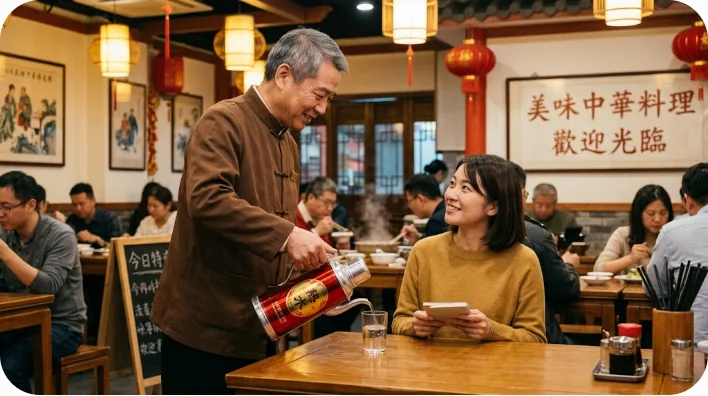レストランで中国の店員から温かいお湯を注いでもらう学習者