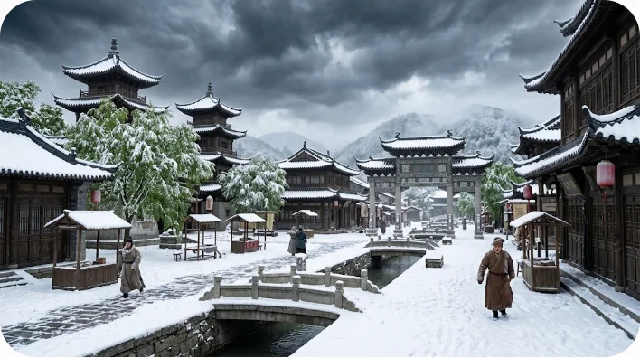 真夏の伝統的な中国の町の広場が、突然厚い真っ白な雪に覆われている超現実的な風景