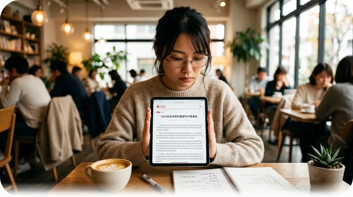 カフェで中国語のニュース記事を真剣に読む学習者