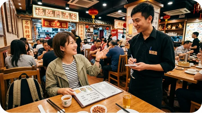 賑やかなレストランで旅行者が身振り手振りを交えて冷たいビールを注文している様子