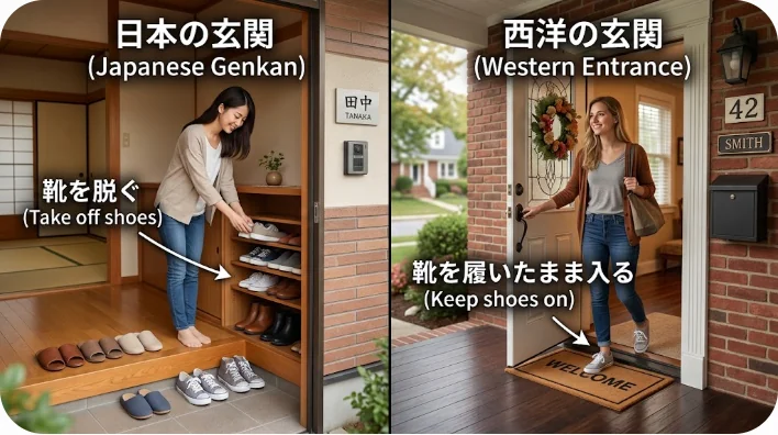 アパートの共用廊下に濡れた傘が置かれ、外壁の排気口の周りが調理の熱気で少し黒ずんでいる様子