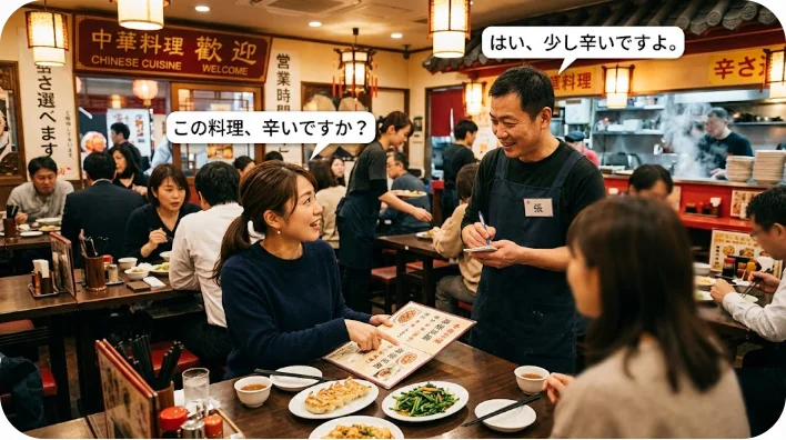 中国のレストランで学習者が店員に料理の辛さについて尋ねている場面