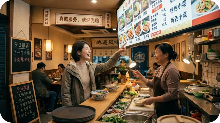 店舗の注文カウンターで店員とやり取りする様子