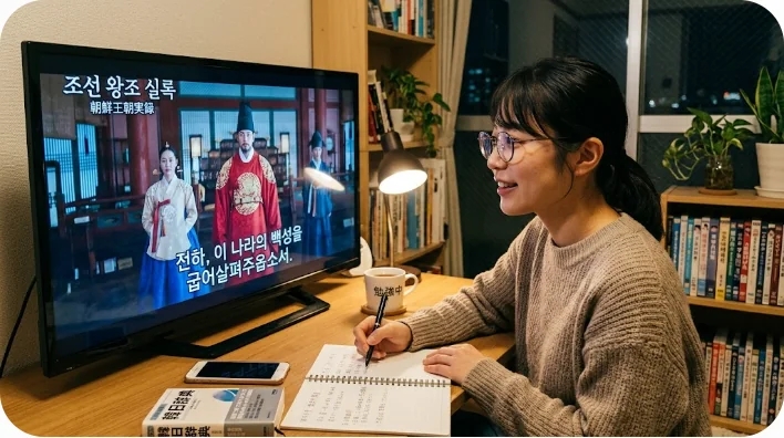 現代の学習者がタブレットで歴史ドラマを見ながらノートをとっている風景