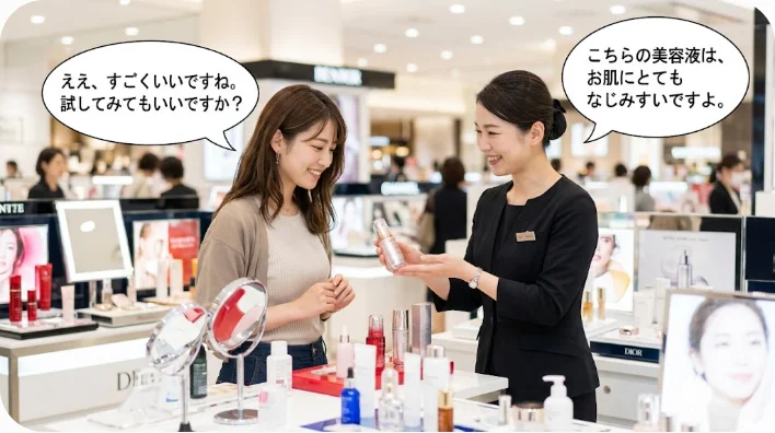 化粧品カウンターで美容部員と会話している女性客