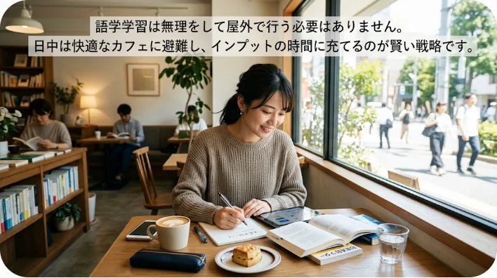 エアコンの効いた快適なカフェで、アイスティーを飲みながら中国語のテキストを開き真剣に学ぶ学習者