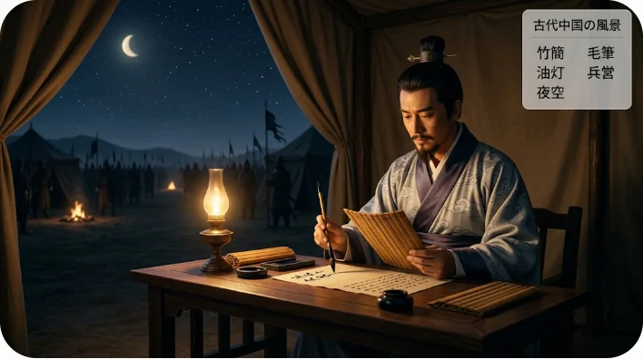 夜の陣幕内で、竹簡に筆で詩を書き記す古代の武将。文武両道を体現した姿。