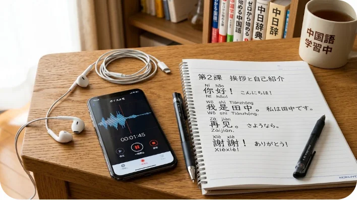 木製のデスク上に置かれたスマートフォンの録音アプリ画面、ピンインが書かれたノート、イヤホンがあり、録音を通じて音声確認をする学習環境