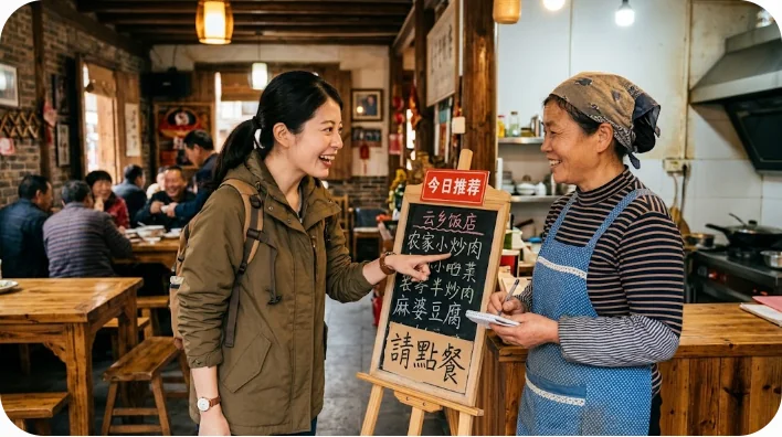 農家レストランでメニューを見ながら笑顔で注文しているアジア人の観光客と地元の店員