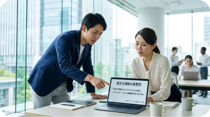 ビジネスやカフェでの会話シーンで文化の違いを語り合う