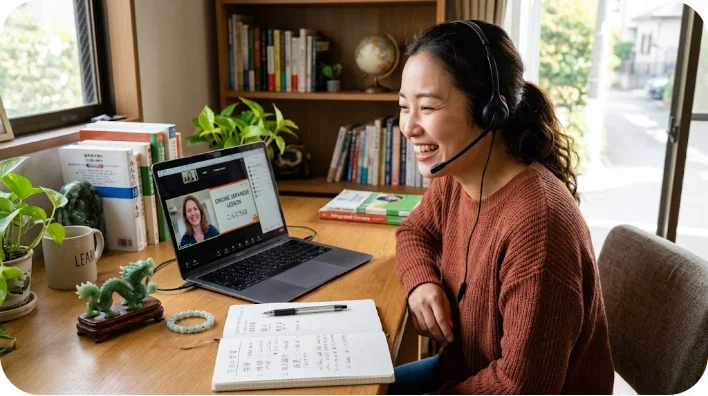 パソコンを開いてオンラインで中国語のレッスンを受けながら笑顔を見せる東アジア人の学習者