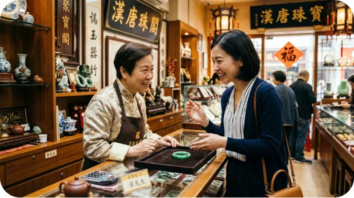伝統的な宝飾店で店員と楽しく会話しながら玉の腕輪を選ぶ女性