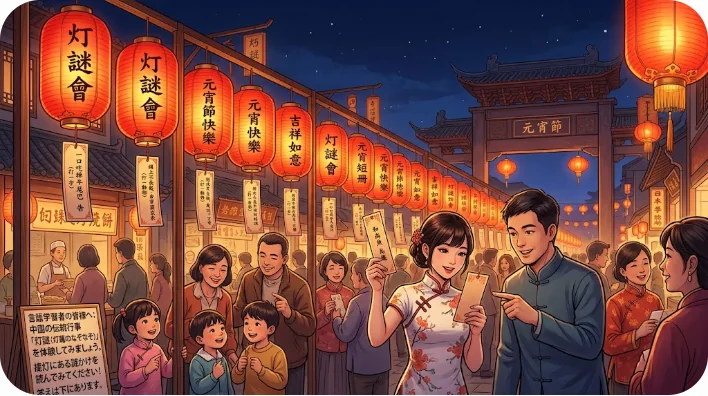 夜の中国の伝統的な祭り。赤い提灯が吊るされ、そこには小さな紙片が付いている。人々が集まり、笑顔でその紙を読んでいる。