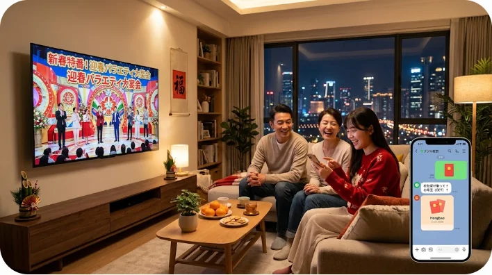 リビングでテレビ番組を見ながらスマートフォンで電子紅包を送り合う家族