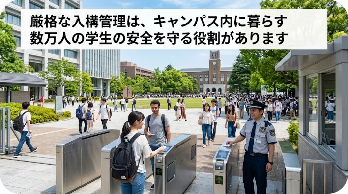 顔認証スクリーンが設置されたハイテクな大学のゲート前でスマホを見る学生