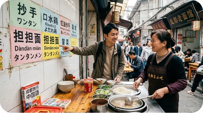 四川省成都の街角にあるカジュアルな麺料理の屋台で、日本人の観光客が壁のメニューを指さしながら中国語で注文し、笑顔の店員が応対している様子