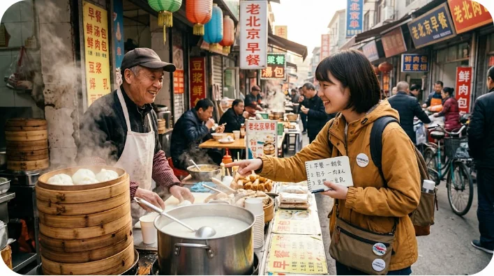 陶器のボウルに注がれる出来立ての中国式豆乳(豆浆)のクローズアップ。濃厚でミルキーな質感、自然光。
