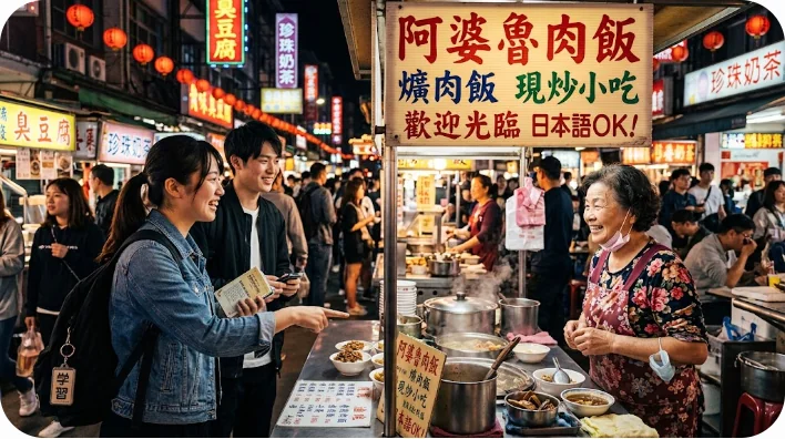 台湾の夜市で店員とコミュニケーションをとる様子