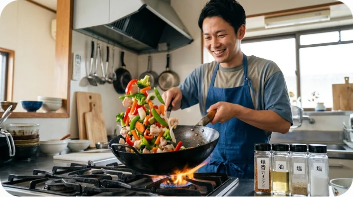 家庭のキッチンで中華鍋を使い、野菜と鶏肉をダイナミックに炒める男性
