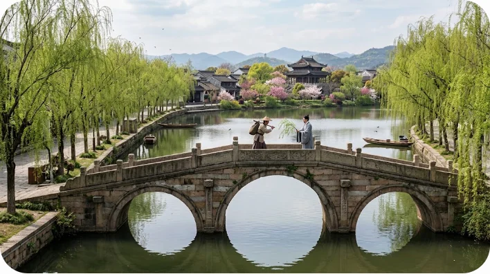 柳の木が立ち並ぶ古い石橋の上で別れを惜しむ人々の情景