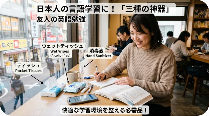 テーブルの上に並べられたポケットティッシュ、ウェットティッシュ、手指消毒液