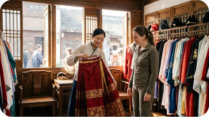 伝統的な街並みにある明るい漢服レンタル店で、東アジア系の女性店員が笑顔で女性客に明代の馬面裙(プリーツスカート)を選んであげている風景