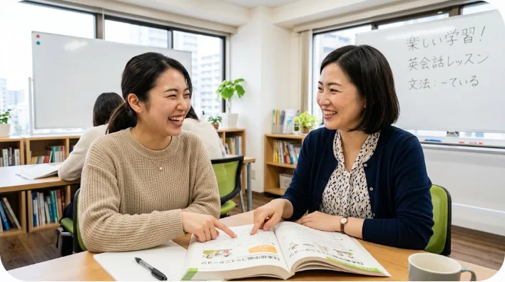 明るい教室で笑顔で会話しながらホワイトボードを指差す教師と大人の生徒。