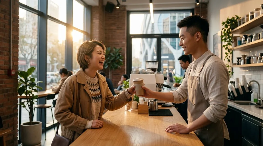 カフェの店員さんに笑顔でコーヒーを受け取りお礼を言う様子