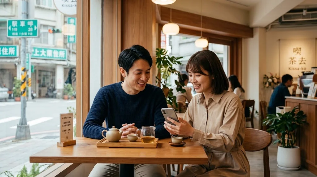 カフェでお茶を飲みながら親しげに会話する男女のアジア人の友人同士