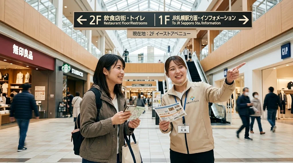 商業施設内で親切に場所を案内してくれる現地スタッフのイメージ