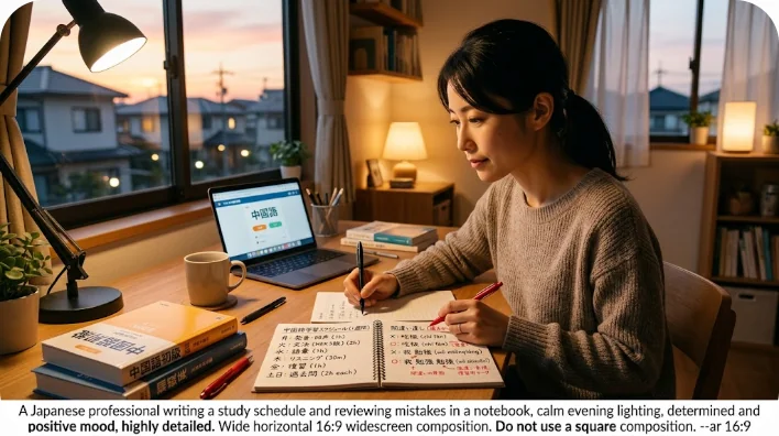 夜に学習スケジュールと間違いノートを見直す様子