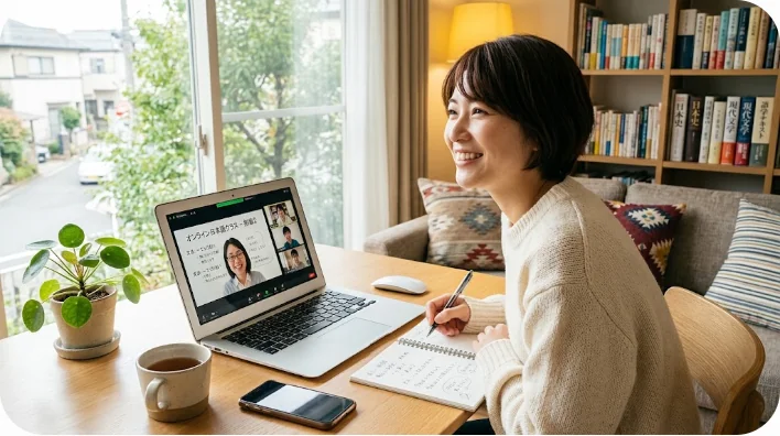 自宅のリビングでオンライン語学クラスに参加し、楽しそうにメモを取る大人の学習者