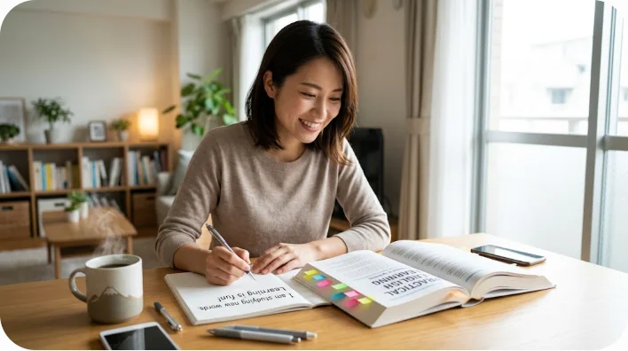 ノートや付箋を使って熱心に外国語を学習している人の姿