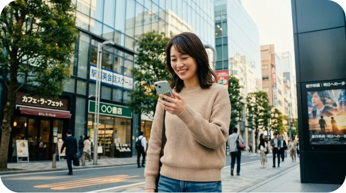 日中の明るい街を歩きながらスマートフォンを見て微笑んでいる東アジア人の大人