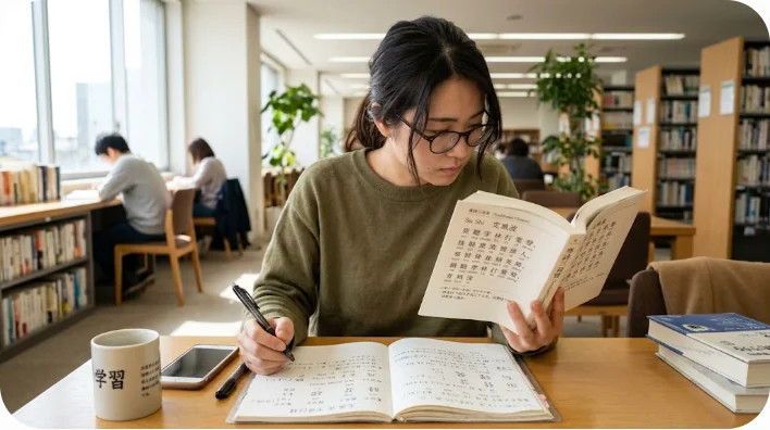 図書館で中国語の詩集と格闘しながら、ピンインを頼りに古代のテキストを読み解く現代の学習者。
