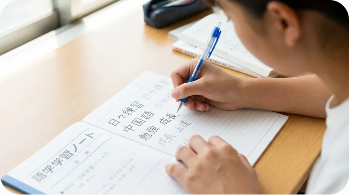 古典中国語の詩が書かれた教科書を見ながら中国語の発音を練習している東アジアの成人学習者、明るく励みになる学習環境。