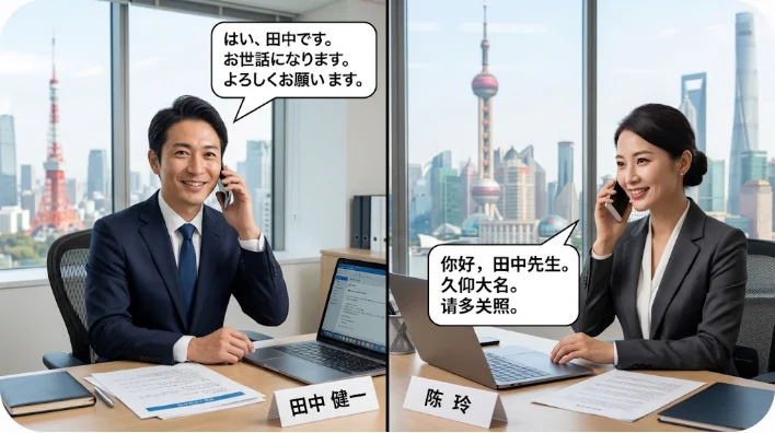 画面が分割され、東京と上海のオフィスにいる2人のビジネスパーソンが電話でプロフェッショナルな会話をしている様子