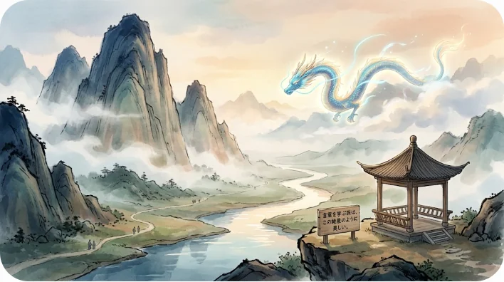 伝統的な水墨画と現代アニメが融合した幻想的な風景