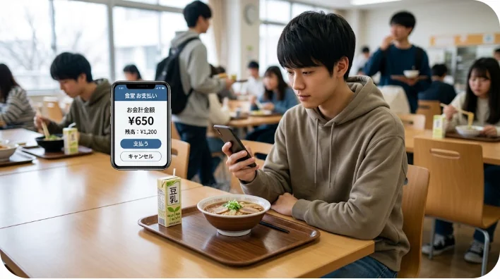 食堂のテーブルに座り、支払いアプリの画面が表示されたスマートフォンを持つ東アジア人の学生。テーブルには麺のボウルと豆乳のカップがある。