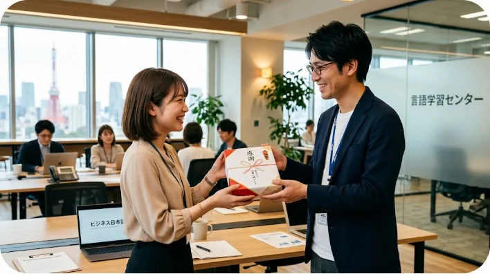 レジで日本のドラッグストアの店員と笑顔で会話をしている東アジア人の旅行者