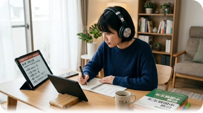 明るい中国の子供服店で、日本人学習者が店員と笑顔でドレスやズボンについて会話している様子