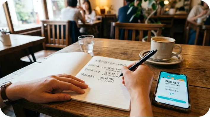 東アジア人の大人の学習者が、カフェのテーブルでノートとペンを持ち、医療相談のための中国語フレーズを丁寧に書き留めているクローズアップ画像。スマートフォンの語学学習アプリも見える。