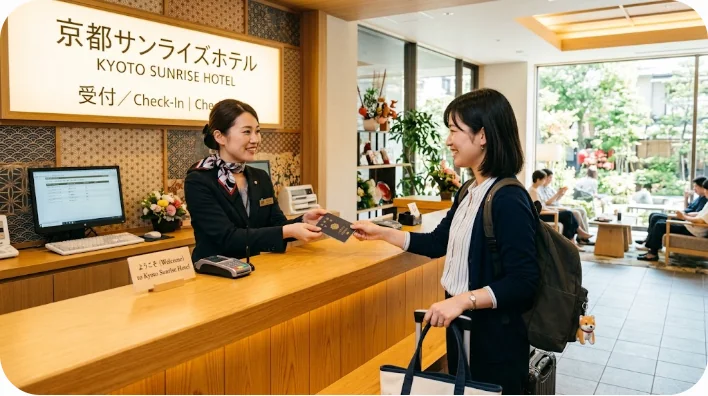 明るく歓迎的なホテルのフロントでホテルの受付係とやり取りし、登録のためにパスポートを手渡す東アジア人の旅行者