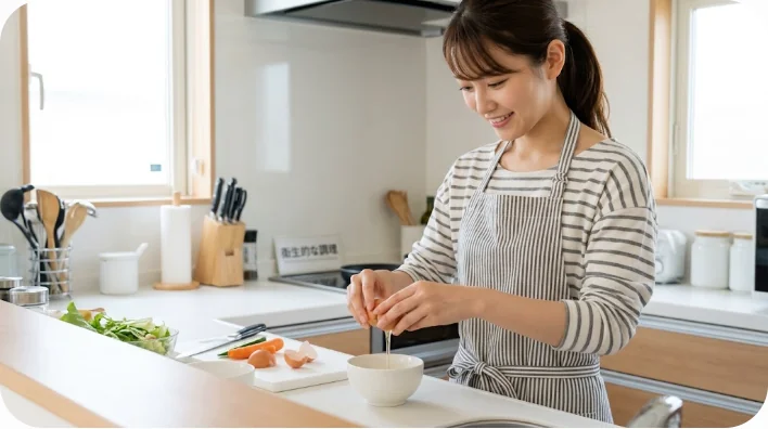 清潔な家庭のキッチンで、調理する前に小さな白い陶器のボウルに慎重に卵を割っている様子