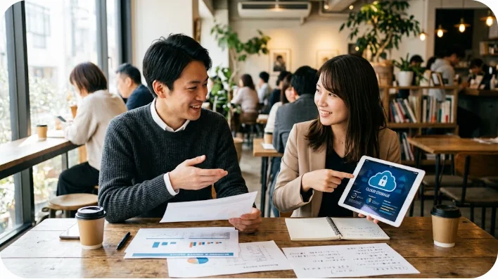 カフェでタブレットを見ながらクラウドストレージについて話し合う2人の同僚