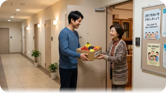 近代的なマンションの明るい廊下で、新しい住人が隣人の中年女性に箱入りの果物を手渡して笑顔で挨拶している様子