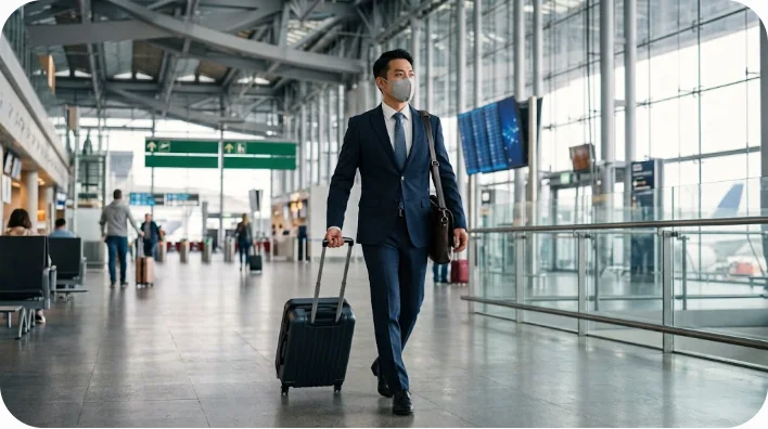 空港ターミナルでマスクをしてスーツケースを引くビジネス客