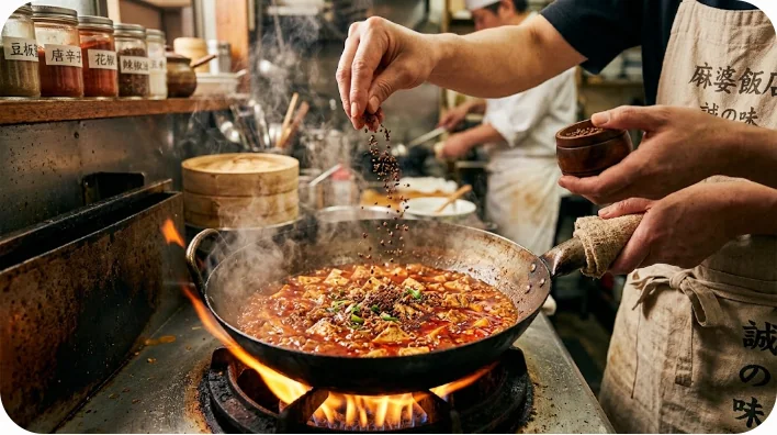 中華鍋で麻婆豆腐を作り、上から花椒パウダーを振りかけている様子